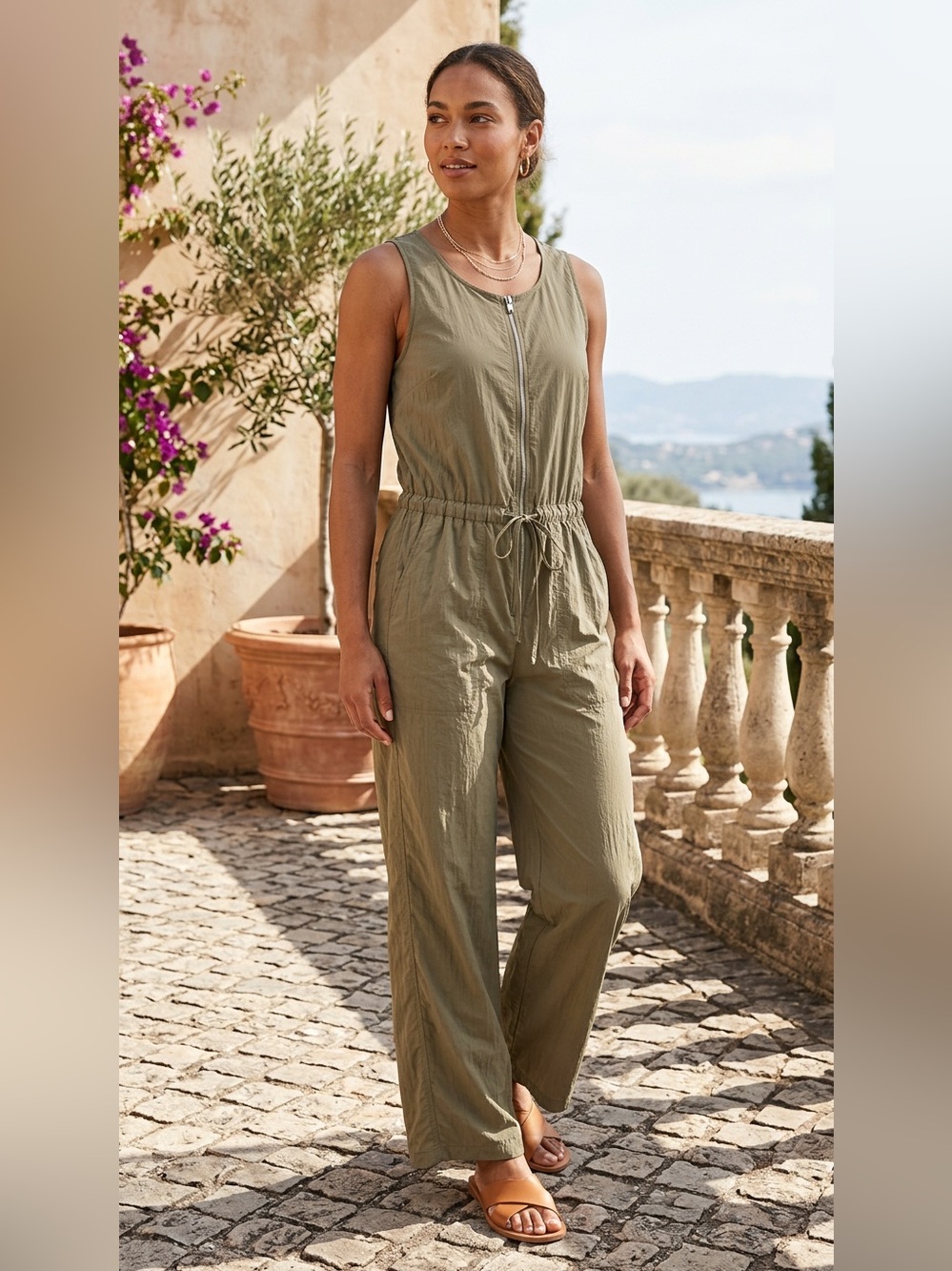 Athleta Jumpsuit Womens Green Wide Leg Athleisure Travel Lightweight Utility M